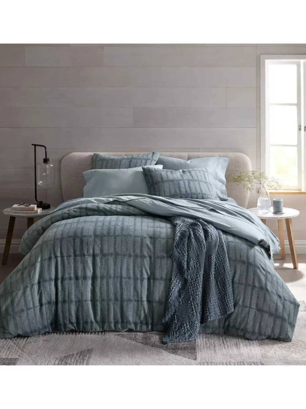 Oake Indigo Shibori Stripe Duvet Cover 3pc Set - Full/Queen Blue Cotton Bedding